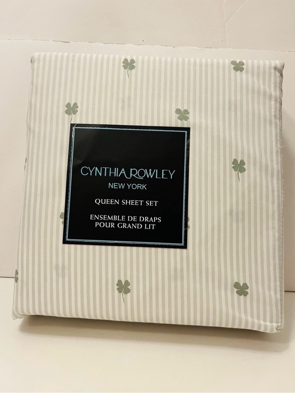 Cynthia Rowley Stripe Shamrock Queen Sheet Set Green White Irish St. Patrick
